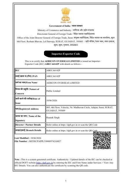 Preview of Importer Exporter Code Certificate